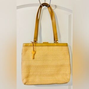 Fossil 11” X 14” Women's Beige Brown Woven Straw Leather Strap Tote Shoulder Bag